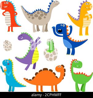 Cute dinosaurs. Baby cartoon smiling dinosaur animals isolated on white background, vector illustration Stock Vector