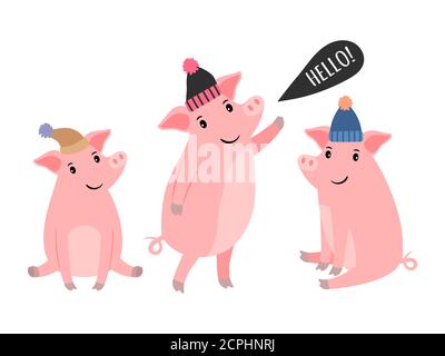 Three piggy in warm winter hats vector illustration on white background Stock Vector