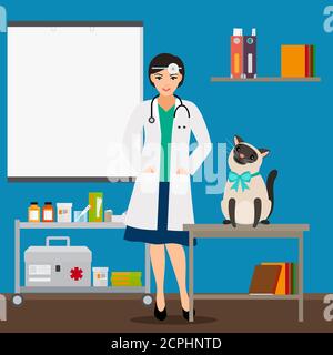 Veterinarian and cat in doctor office vector illustration. Medical veterinarian doctor, health care veterinary Stock Vector