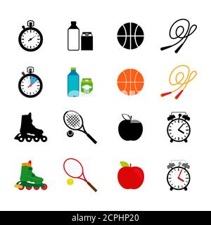 Sport equipment and food black and colorful icons vector set Stock Vector
