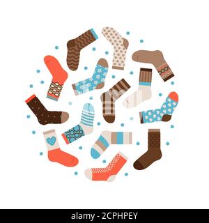 Warm winter socks round vector concept isolated. Illustration of sock male, garment apparel warm Stock Vector