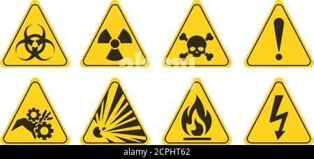 Attention dangerous yellow elements set. Warning signs. Pictograms for web page, mobile app, promo. UI UX GUI design elements. Stock Vector