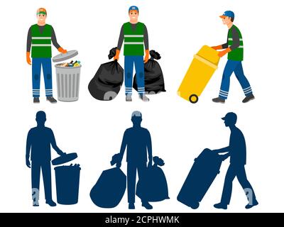 Garbage man cartoon characters and silhouettes vector illustration Stock Vector