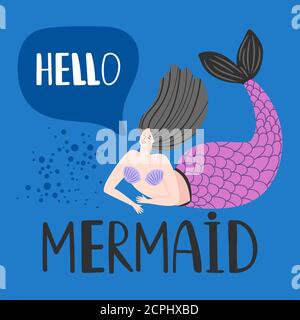 Hello card with happy mermaid vector template. Illustration of mermaid say hello Stock Vector