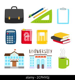 Teachers and students tools icons. Vector subjects for study cartoon collection. Illustration of building school and organizer book Stock Vector