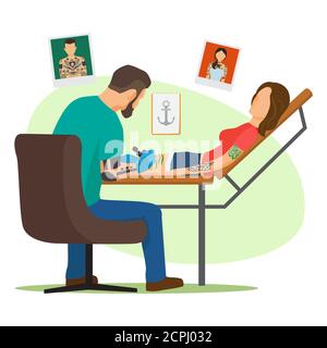 Tattoo studio vector illustration. Tattooist artist paint woman body with tattooing machine flat vector illustration. Studio tattoo, artist tattooist Stock Vector