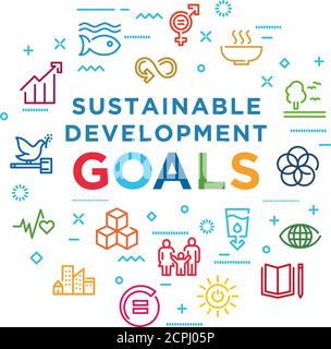 Corporate social responsibility word banner. Sustainable Development Goals. SDG signs. Infographics with linear icons on background. Creative idea Stock Vector