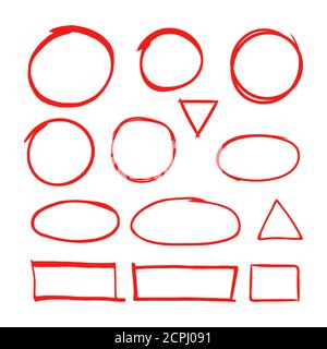 Red hand drawn shapes marker for highlighting text isolated on white background. Marker red drawing, hand drawn, circle illustration Stock Vector