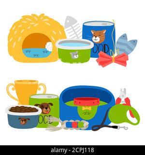 Accessories for dogs and cats vector isolated on white background. Illustration of accessory for pets, collar and comb Stock Vector