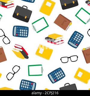 School cartoon stationery, book, case seamless pattern. Vector stationery elementary items illustration Stock Vector