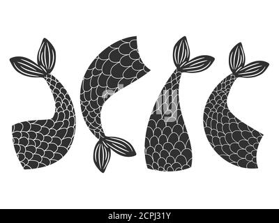Black and white vector fishes, mermaids tails collection. Mermaid and fairytale fish, tail of animal illustration Stock Vector