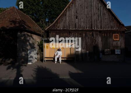 Beekeeper is waiting for the bus Stock Photo