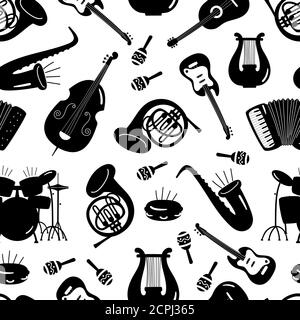 Black and white music instruments seamless pattern design. Guitar instrument for melody, jazz and rock music illustration Stock Vector