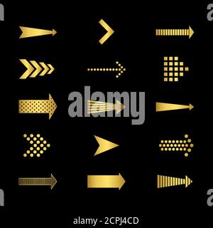 Golden arrows icons on black background vector set. Illustration of arrow symbol gold colored Stock Vector