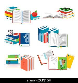 Isometric vector books vector illustration. Reading concept with diary, notepads, sketchbooks. Book education and study, literature for learning Stock Vector