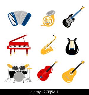 Popular music instruments vector icons of set. Musical instrument harp and trumpet, blues and bass illustration Stock Vector