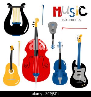 Vector stringed musical instruments icons isolated on white background. Illustration of guitar and double-bass cartoon style Stock Vector