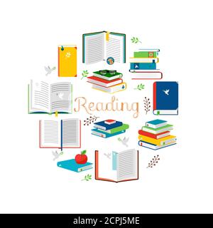 Reading concept with isometric style books vector icons. Illustration of encyclopedia and literature for read Stock Vector