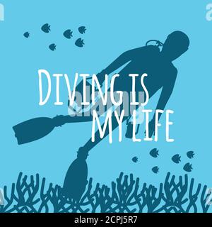 Scuba diving background with diver silhouettes vector illustration. Diver with scuba underwater silhouette Stock Vector