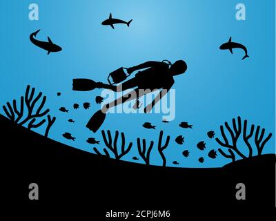 Undersea life silhouettes with scuba diver vector background. Illustration of diver in marine water, scuba diving Stock Vector