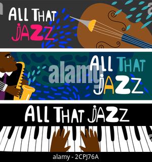 Jazz piano, saxophonist african jazz modern colorful vector banners Stock Vector