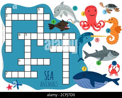 Vector sea animals crossword template with cartoon characters. Illustration of Stock Vector