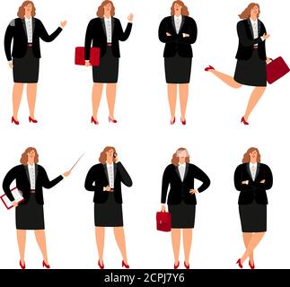 Businesswoman poses. Standing plussize business woman person in corporate skirt, cartoon female office lady Stock Vector