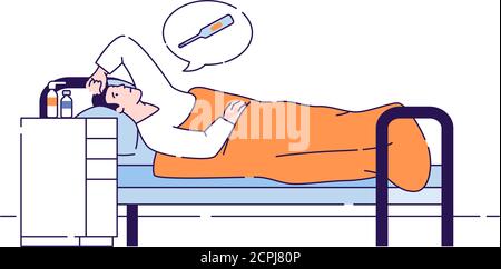 Sick man with a cold disease lying in a bed flat vector illustration. Male feeling ill fever. Home treatment, bed rest. Isolated cartoon character Stock Vector