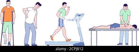 Rehabilitation and physiotherapy after injuries flat vector illustration. Cardio workout. Orthopedics diseases. Isolated cartoon characters on a white Stock Vector