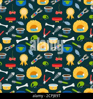 Vector pets accessories colorful seamless pattern. Dogs and cats food, beds, toys texture. Illustration of dog accessory, kennel and comb Stock Vector