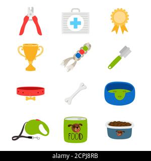 Dogs accessorises, food, toys, aid box vector icons. Illustration of accessory for care animal Stock Vector