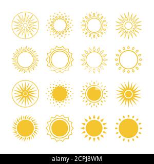 Line and silhouettes sun vector icons collection. Illustration of sun set, sunny light for forecast app Stock Vector