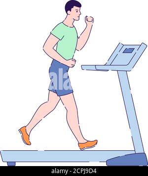 Man running on a treadmill flat vector illustration. Cardio workout. Isolated cartoon character on a white background. Stock Vector