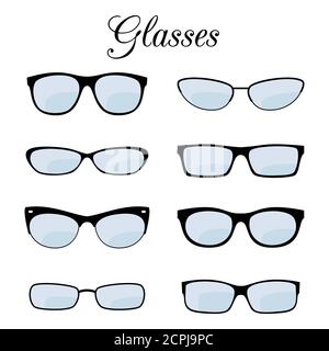 Vector fashion glasses of set isolated on white. Glasses for eyesight, eyeglasses lens illustration Stock Vector