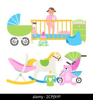 Cute babies equipment for life vector collection. Illustration of baby newborn, toddler kid in bed Stock Vector