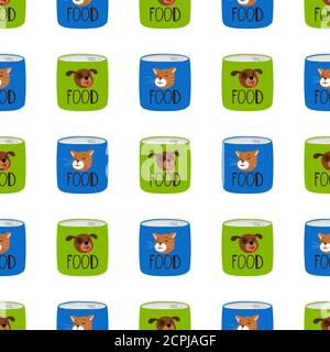 Pet shop seamless pattern. Preserve food for cats and dogs vector texture. Illustration of cat and dog food Stock Vector