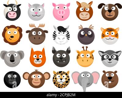 Animal emoticons. Horse and zebra heads, monkey and dog face icons, tiger and elephant funny friend cartoon pack isolated on white, vector illustration Stock Vector