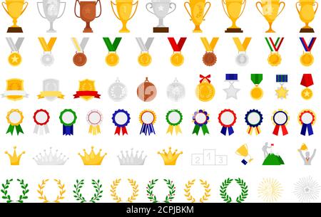 Cartoon award set. Sport and game achievement vector awards, medal and bowl, achieve trophy coat of arms and emblem, wreath and crown Stock Vector