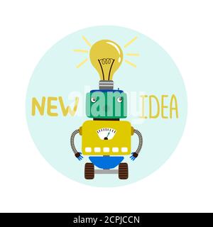 New idea vector concept illustration with cute boy robot, round emblem Stock Vector