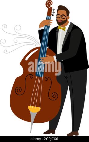 Jazz man contrabassist, vector cartoon character with instrument. Jazz musician player, sound musical contrabassist illustration Stock Vector