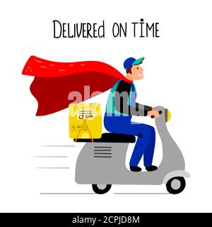 Delivery man on scooter. Moto bike delivery guy with box, motorcycle deliver cartoon driver in red cloak, delivered on time, vector illustration Stock Vector