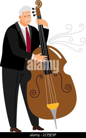 Vrtuoso contrabassist man, player jazz contrabass, performance play with bass. Vector illustration Stock Vector