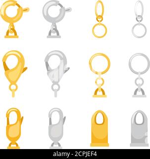 Carabiner clasps. Metal clips and claws clasp set, vector technical hook for bag or carbine snap for climber rope equipment isolated Stock Vector