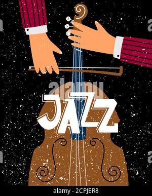 Jazz contrabassist play on the musical instrument. Vector musician player jazz with contrabass illustration Stock Vector