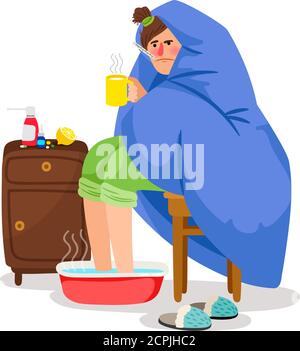 Sick woman in blanket. Flu home treatment, lady with hot cup, vector icon on white background Stock Vector