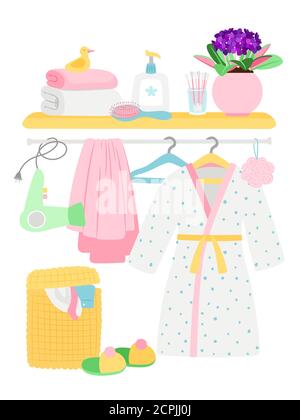 Bathroom accessories, hygiene items, bathrobe, laundry basket vector illustration. Bathroom hygiene, hairdryer and towel Stock Vector