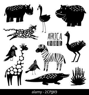 Black and white exotic animals vector collection. Animal silhouette hippopotamus and crocodile, bird and cheetah illustration Stock Vector