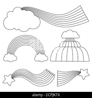 Line black and white rainbows with clouds and stars vector template for coloring, cards, hand made. Rainbow linear black and white, wave and curve illustration Stock Vector