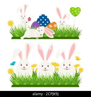 Cartoon character easter bunnies and eggs vector design. Illustration of easter rabbit, holiday tradition Stock Vector