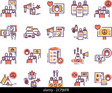 Social protest line color icons set. Protesting against government. Activity and civil position. Pictograms for web page, mobile app, promo. Editable Stock Vector